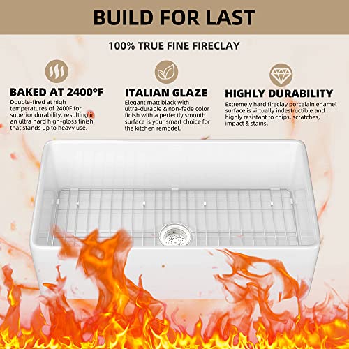 Zuagco White Farmhouse Sink 33 Inch Fireclay Apron Front Farm Sink Large Capacity Deep Single Bowl Kitchen Sinks With Accessories Protective Bottom Grid And Strainer #TOP3