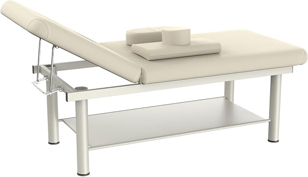 Beige Grey Stationary Massage Table, 31.5" W x 75" L Wide Massage Bed with Backrest for Treatment Table Physical Therapy Table Spa Facial Bed, Metal Frame PU Leather