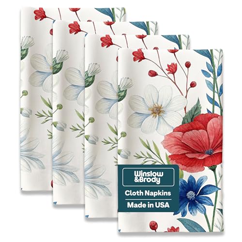 Fourth of July Cloth Napkins | Red White and Blue | Spring Floral Napkins | Patriotic Table Decorations | Absorbent, Washable, Reusable, Stain & Wrinkle Resistant | Made in America - 4pack