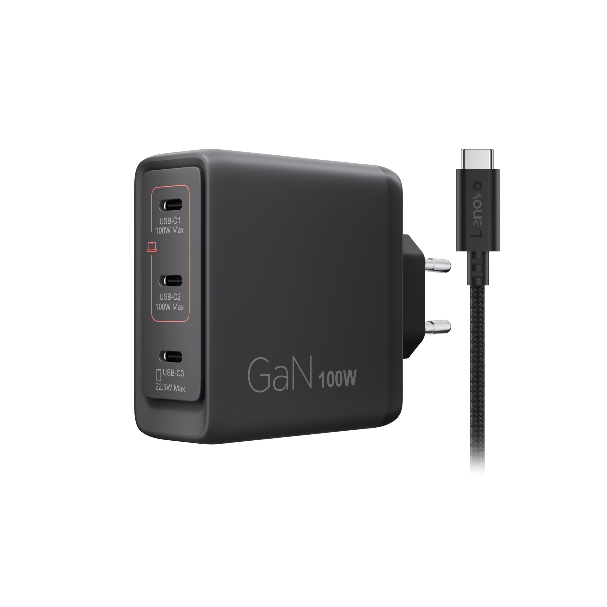 Lenovo Multi-port USB-C 100W GaN Charger, caricatore con 3 porte USB-C e output fino a 100W o 65W+20W+10W, per notebook e dispositivi mobili