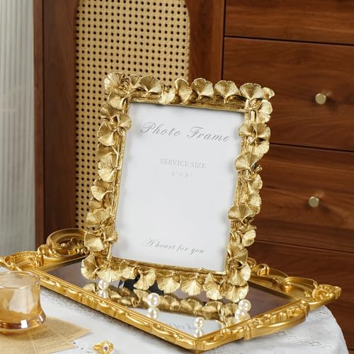 6x8 Picture Frame Gold, Vintage Ornate Leaf Textured Hand-Crafted Resin with Glass Front Antique Photo Frame for Tabletop Display, Retro Design Home Decor