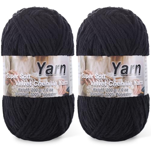 Image of 2 * 200g /7oz Chunky Chenille Yarn for Baby Blanket Yarn for Crocheting - Super Soft Chenille Plush Yarn - Bulk Thick Yarns Used for Making Scarves, Blankets, DIY Craft (Black)
