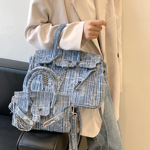 Women's Denim Tote Bag Top Handle Jean Purses Casual Work Satchel Purse Lock Buckle Shoulder Handbags4