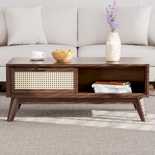 Image of Bme Modern Solid Wood Coffee Table with Storage, Accent Rattan Design, Perfect for Living Room, Walnut, Medium