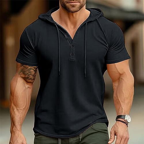 Men's Short Sleeve Hoodie Cotton Hooded T Shirts Lightweight Sweatshirt Hoodies Pullover Casual Fashion Button Sport Tee Tops2