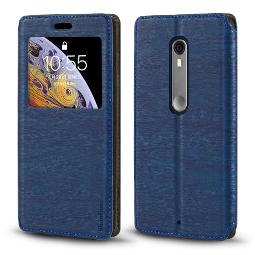 Shantime Viewable Window Leather Flip Case Compatible with Moto X Pure, Elegant Design Clear Display Invisible Magnetic Cover and Card Slot(Blue)