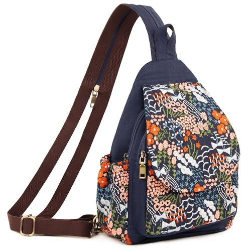 Image of SILKAREA Canvas Sling Backpack Purse for Women Embroidered Flowers Travel Backpack Crossbody Bag Shoulder Bag (Embroidered B)