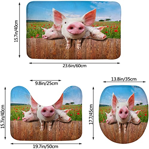 Badezimmerteppich-Set, 3-teilig, niedliche Junge Schweine auf dem Bauernhof, die über den Zaun schauen, waschbare Badeteppiche, rutschfest, mit Rückenpolster, Konturteppich und Toilettendeckelbezug – Bild 3