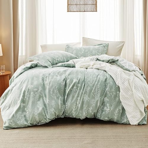 Bedsure Queen Comforter Set - Sage Green Bed Set, 3 Pieces Cute Floral Bedding, 1 Soft Reversible...