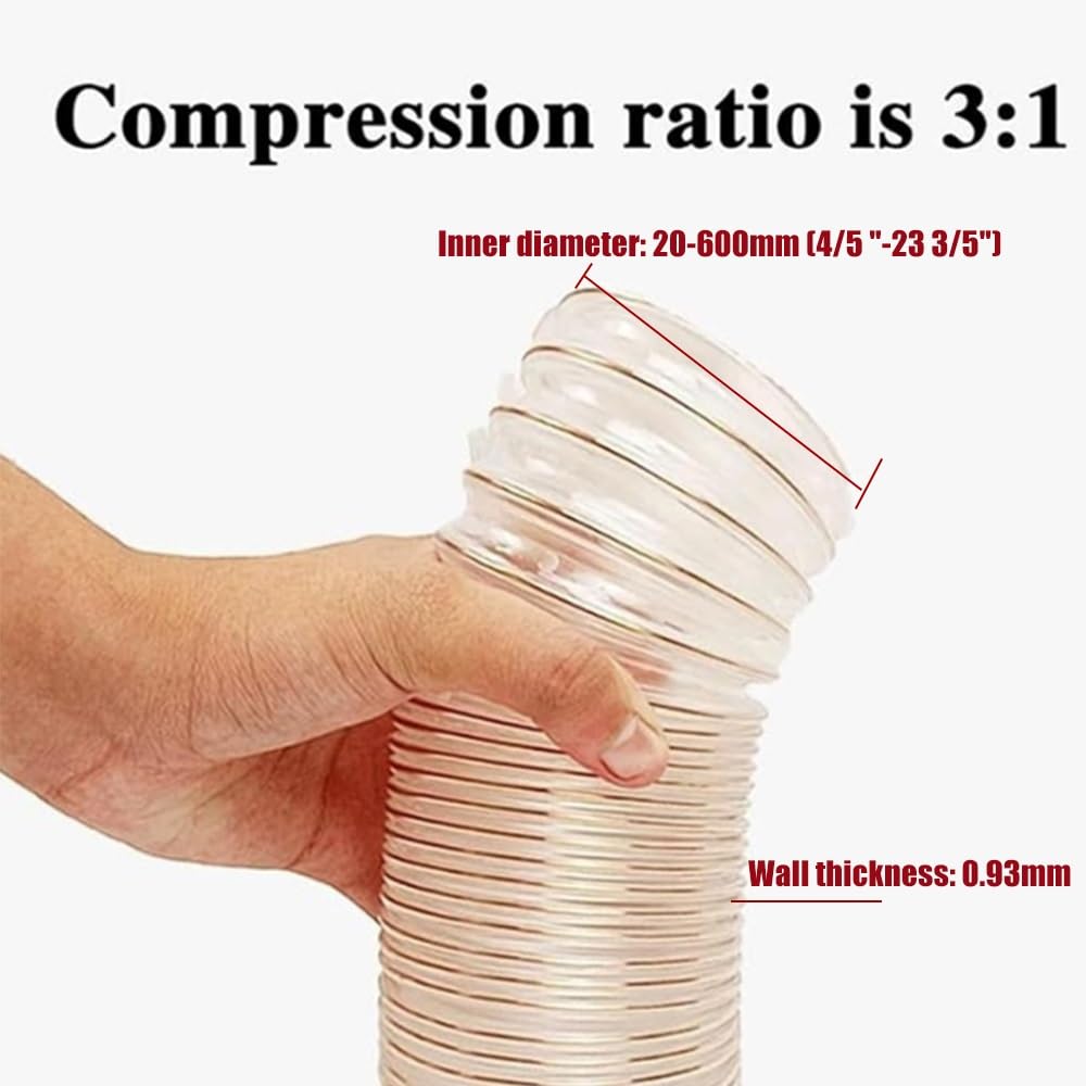 Manguera de recogida de polvo de poliuretano transparente, conducto flexible de 2 a 11 pulgadas para sistemas de extracción de humos y aspiración de carpintería, 5 m, 20 mm de diámetro