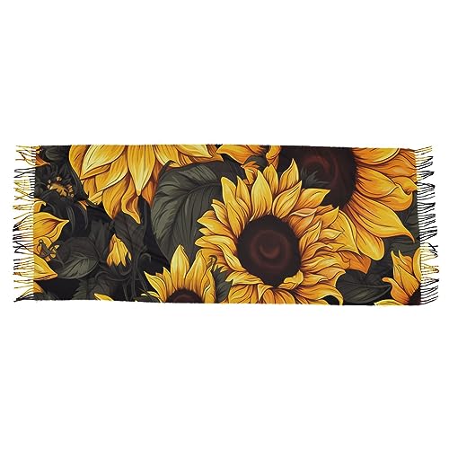 Vnurnrn Cashmere Feel Scarf for Women, Soft Warm Single-sided Black Yellow Sunflower Print, Fashion Pashminas Shawl Wrap Large Size with Tassels2