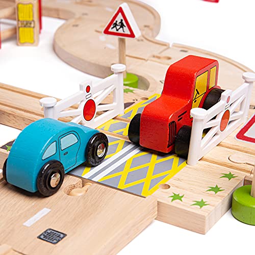 Bigjigs Rail 80Pc Rural Road And Rail Wooden Train Set - Kids Train Set With 80 Bigjigs Train Accessories Incl. Bridges & A Level Crossing For Pretend Play #TOP1