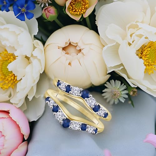 1.10Ctw Round Cut Diamond & Sapphire Engagement Wedding Enhancer Wrap Guard Ring 925 Sterling Silver 14k Yellow Gold Finish3
