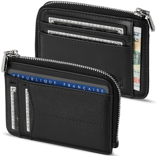 HUYAMI Porte Carte de Crédit en Cuir Ultra Fin – Blocage et Sécurité Anti RFID – Porte-Monnaie intégré avec Zip – Portefeuille Rigide en Cuir –...