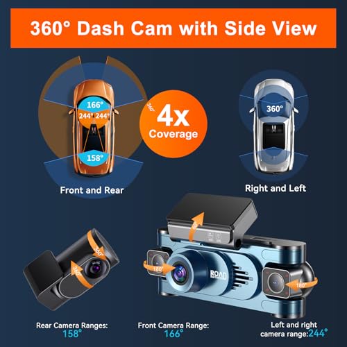 Image of 4K DashCam for Cars,4 Channel Car Dash Cam Front and Rear Inside with Voice Control,5G WiFi GPS, Night Vision, G Sensor, WDR, 24 /7 Parking Mode Free 128G Card Loop Recording (Blue)