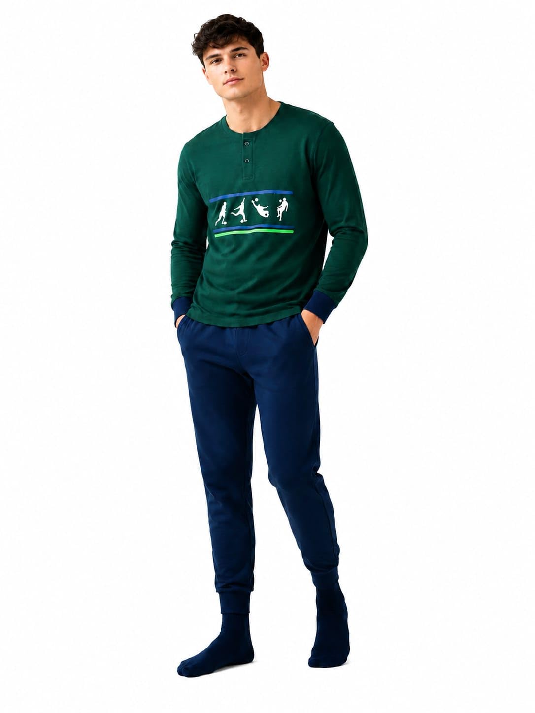 Men's Long Sleeve Pyjama Set with Football Print, Night Wear & Lounge Wear, Green & Navy (L)-picture-16