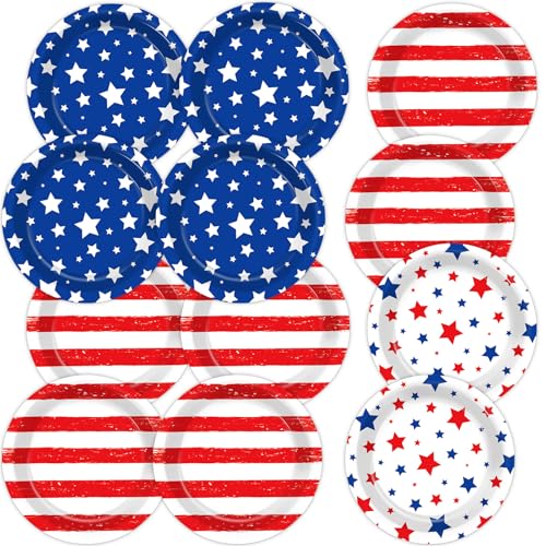 60pcs 4th of July Party Supplies Set American Flag Patriotic Party Paper Plates Disposable Red White Blue Star Dinnerware for Veterans Election Day 4th of July Independence Day Decorations Serve 60
