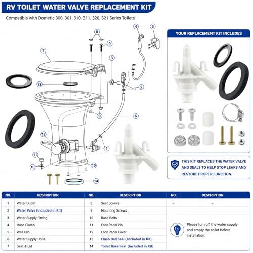 Image of 2026 Upgraded RV Toilet Valve Replacement Kit, Emergency Parts Fix Leaks & Issues, Fits Dometic 300 310 320-385311641, 385311658, 385311652 Valve & Seals for Pedal-Flush Toilets