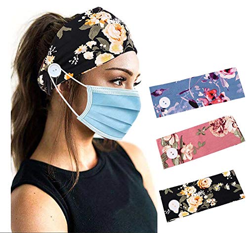 3 Pack of Floral Headbands with Buttons for Nurses, Headband for Holding Mask for Doctors Healthcare Workers, Turban Headwraps Hair Band for Women Girls. Includes 1 Black, 1 Pink and 1 Blue Headbands