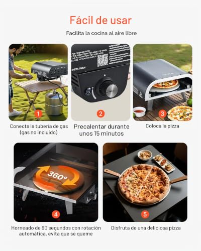 Miniatura 7 de Vevor Horno De Pizza Para Exteriores, De Gas Propano, Con Rotación Eléctrica Y Piedra Para Pizza Gruesa, Portátil, Para Acampar, Jardín, Patio Y Con Bolsa De Transporte, Negro, 470 X 430 X 270 Mm