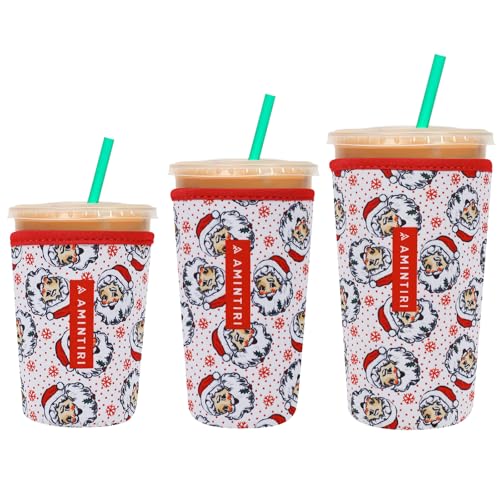 Image of 3 Pack Reusable Neoprene Sleeve for Iced & Hot Drinks, Compatible with Starbucks, Dunkin' Coffee Cup (Santa Claus)