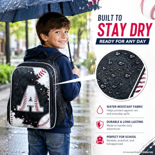 Image of gxtvo 3PCS Boys Baseball Backpack, 17 inch Kids Letter Bookbag with Lunch Box, Water Resistant Middle Elementary School Bag - Baseball A