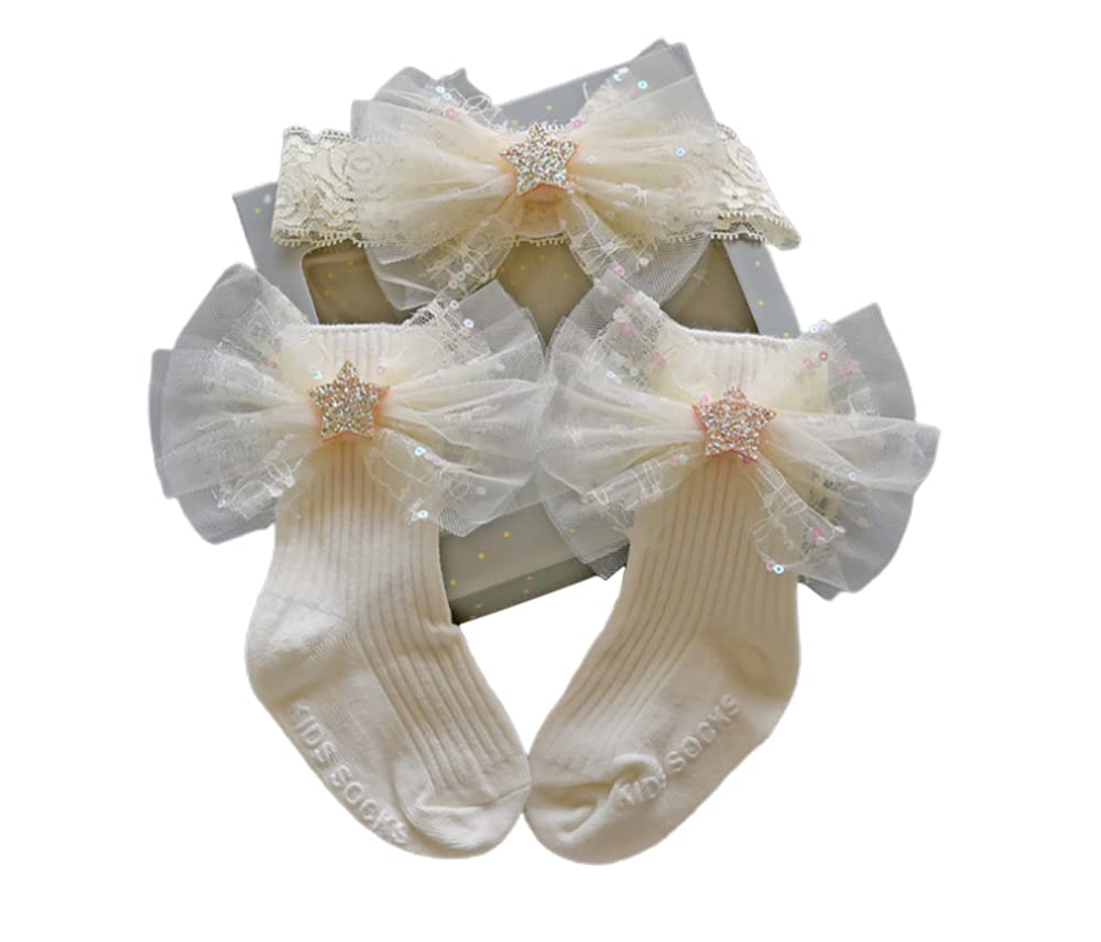 Feifei's Bow Women's Set 03 3Pcs Baby Crown Lace Tutu Flower Socks Princess Party Newborn Toddler Ankle Socks Hair Headband Gift Set In Box (Set 03)