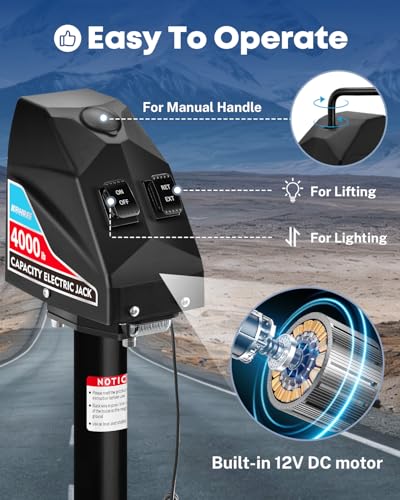 Image of Kohree Electric Trailer Jack 4000lbs, Heavy Duty RV Electric Power Tongue Jack for Travel Trailer A-Frame Camper, with Manual Crank Handle & Weatherproof Cover, 22 inch Lift, 12V DC with Wiring