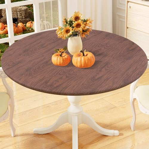 misaya Round Fitted Tablecloth with Elastic Edge, 100% Waterproof Oil Proof Plastic Table Cover, Vinyl Flannel Backed Tablecloth Fits 36