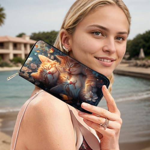 Image of RFID Blocking Leather Wallet for Women - Large Capacity Zip Around Clutch with 8 Card Slots,16 Cash Pockets & Coin Zipper,Cat and Butterfly
