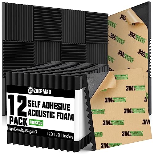 Pacote com 12 painéis de espuma autoadesivos à prova de som, 2,54 cm x 30,5 cm x 30,5 cm painéis acú