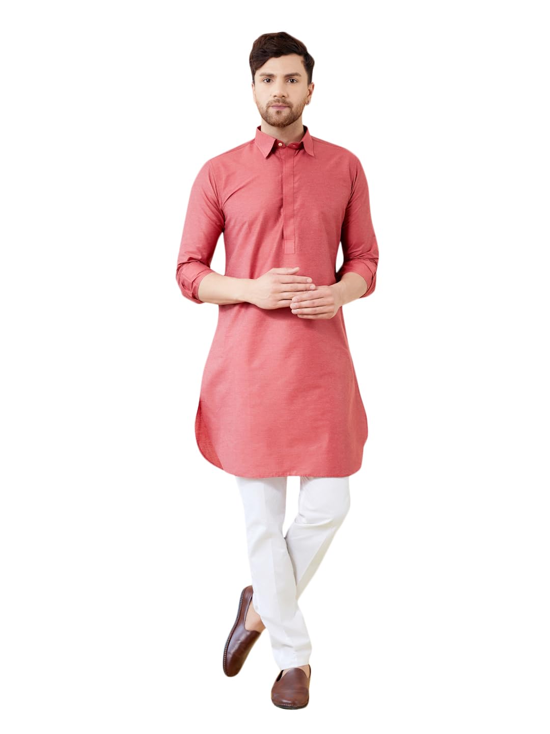See Designs Men Red Cotton Solid Curved Hemline Full Sleeve Side Slit Pathani Kurta - Bnrskt624S