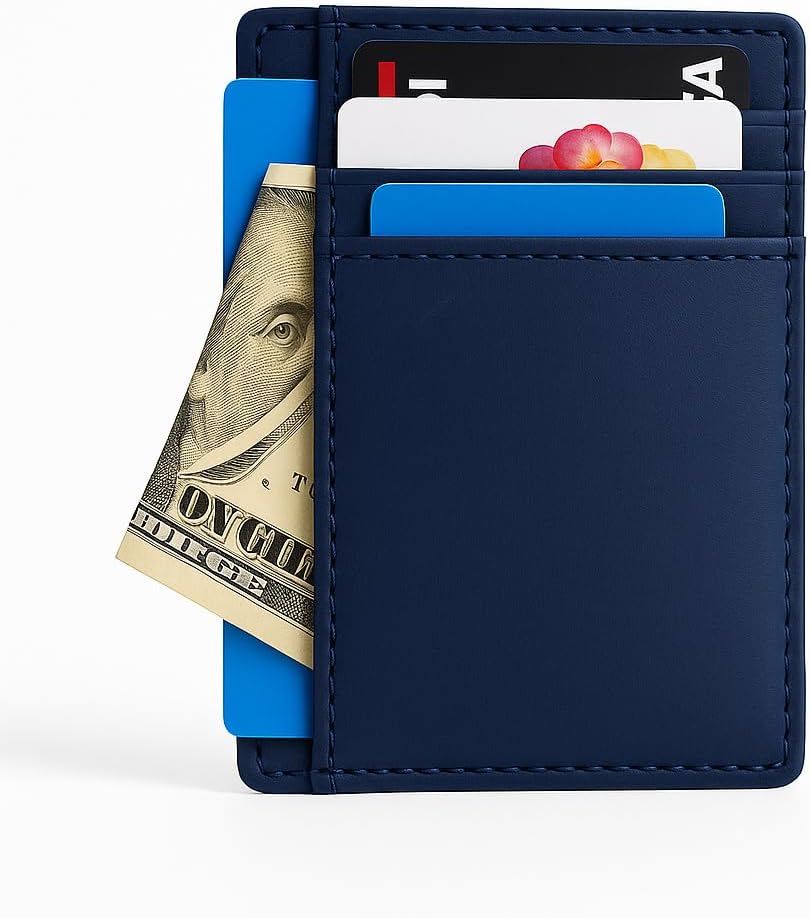 Slim Leather Wallet for Men & Women – Minimalist Front Pocket Card Holder, Small Money Clip Wallet, Genuine Leather Credit Card Case (Blue) - Image 5