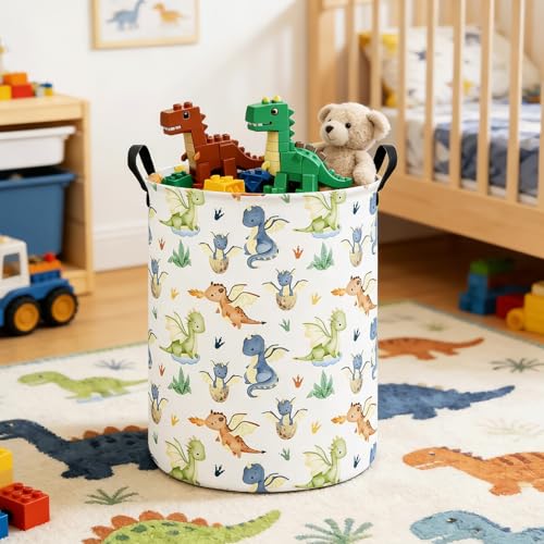Image of Dinosaur Laundry Basket Canvas Fabric Collapsible Organizer Basket for Storage Bin Toy Bins Gift Baskets Bedroom Clothes Children Nursery Hamper (Parent-Child Dragon)