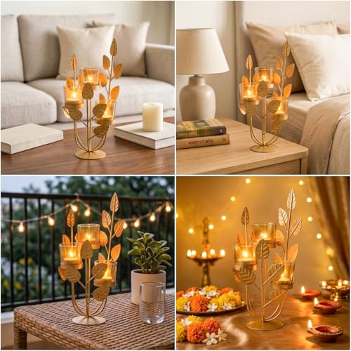Image of MARKET 99 Metal & Glass 3-Votive Leaf-Shaped T-Light Holder | Romantic Golden Candle Stand for Valentine's Day Decor & Gifts | Decorative Centerpiece for Home, Table, Diwali, Wedding & Festive Use