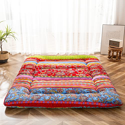 YOSHOOT Colchón de futón Retro Bohemio, colchón de Cama Enrollable Plegable Floral Vintage japonés, colchón de Camping portátil, Tumbona, Cama de futón (Bohemio C, Doble)