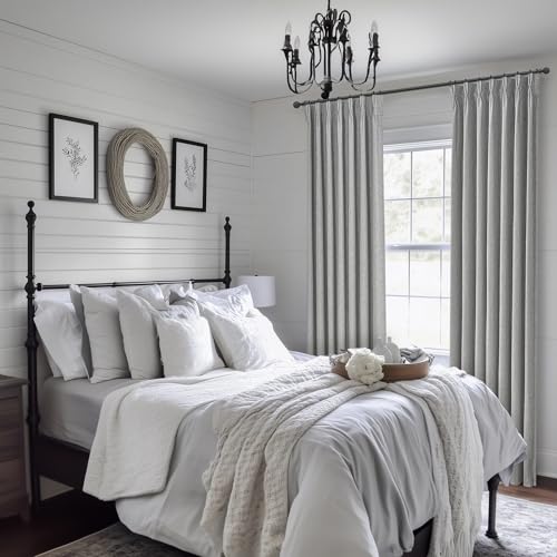 Image of 90 Inch Grey Blackout Curtains 2 Panels Set for Bedroom, Pinch Pleated Textured Linen Blend Soundproof Privacy Gray Window Drapes 90 Inches Long with Hooks Rings Back Tab for Boys Room Darkening Burg