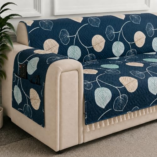 Image of STITCHNEST 'Frostvine Collection' 2 Seater Sofa Cover | Full Coverage with Armrest Pockets | Cotton Quilted Fabric, Decorative Tassels, Washable & Durable for Modern Living