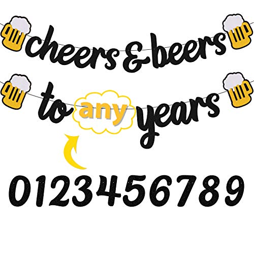 YOYMARR Cheers 21 30 35 40 50 60 70 80 90 Years Banner Happy Birthday Decorations for Men Women Him Her Any Years Old Birthday Anniversary Party Supplies Sparkle Black Decor
