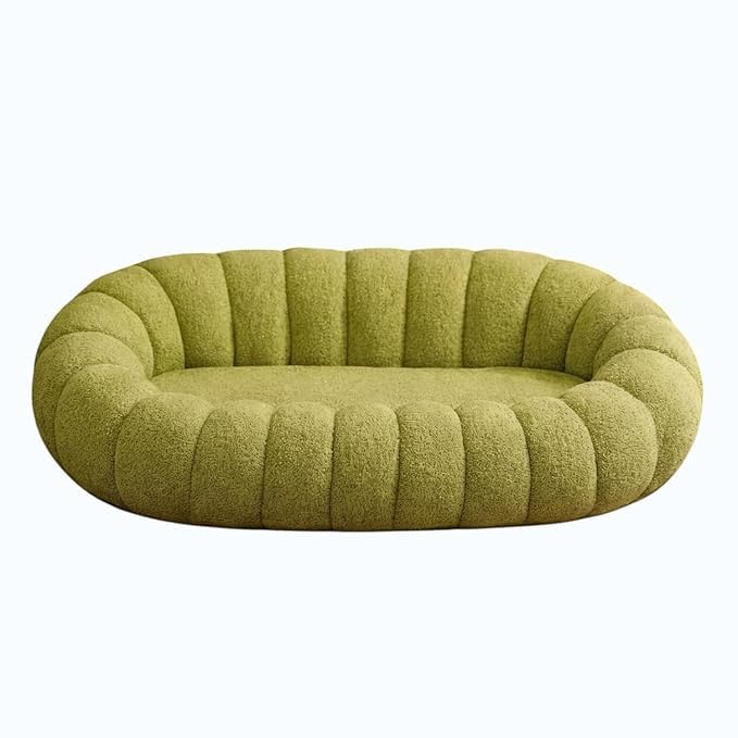 Image of CRAFTCITY Pumpkin Style Wooden Sofa | Contemporary Wool Sofa with Swen Pillow Back for Living Room (Lime Green, 4 Seater)