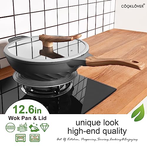 Cooklover Wok Nonstick Die-Cast Aluminum Scratch Resistant Pfoa Free Induction Woks And Stir Fry Pans With Glass Lid 12.6Inch - Slate Grey #TOP4