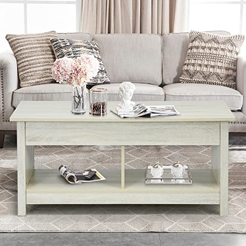 Costway Lift Top Coffee Table, Dining Center Table With Hidden Storage Compartment & Lower Open Shelf, Rustic Sofa Tea Table With Rising Tabletop For Living Room Reception Room (Rustic Ivory) #TOP1
