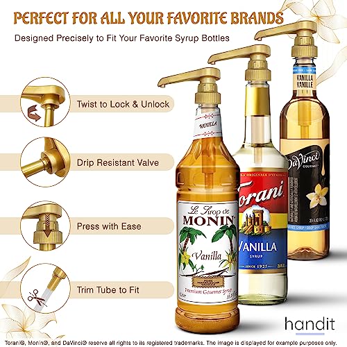 Handit - Coffee Syrup Pump | Gold, Drinks, Dessert, Tea | Fits Syrups, 750Ml / 25.4Oz Torani, Davinci, Jordan's Skinny Bottles, (Monin Plastic 33.8Oz) | 6-Pack #TOP2