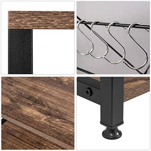 eSituro Heavy Duty 3-Tier Storage Shelves for Kitchen Living Room Microwave Industrial Bookcase Shelving Unit Stand with Black Metal Frame Walnut Wooden Shelves 4 Hooks 60x40x82CM SSTR0058