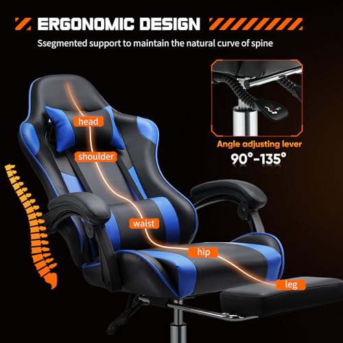 Sweetcrispy Computer Video Game Desk Chair - Ergonomic Comfy Lumbar Support with Footrest, PU Leather Recliner with Headrest, Fixed Up Armrest, Height Adjustable and 360° Swivel, for Adults, Blue