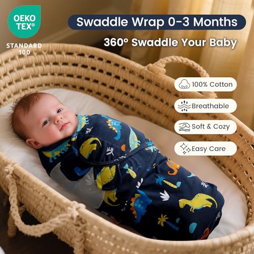 Image of david's kids 100% Cotton 3 Pack Baby Swaddle Wrap for 0-3 Months, Soft Breathable Swaddle Blanket for Newborn Infant, Adjustable Baby Wrap Sleep Sacks for Boys Girls, Newborn Essentials, Dinosaur