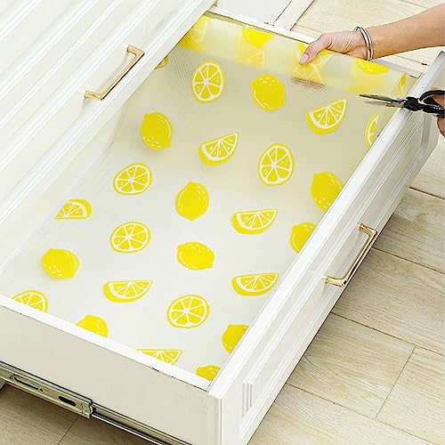 Lemon Print Shelf Liner for Kitchen Cabinets - Non-Adhesive Drawer Liner, Non-Slip Refrigerator Liner, Waterproof Fridge & Pantry Mat - Easy to Cut & Clean