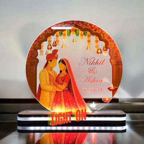 Image of Personalized Hindu Wedding LED Acrylic Lamp - Custom Couple Name & Date Gift - Marriage Decor with Light - Bridal Keepsake Night Light for Room or Reception Display