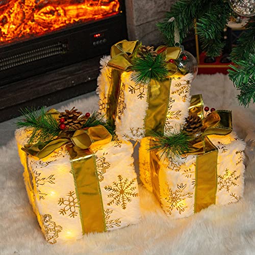 Hourleey Set Of 3 Christmas Lighted Gift Boxes, Pre-Lit 60 Led Light Up Present Boxes Ornament Decorations For Indoor Outdoor Xmas Tree Home Yard Lawn Decor (Warm White) #TOP6
