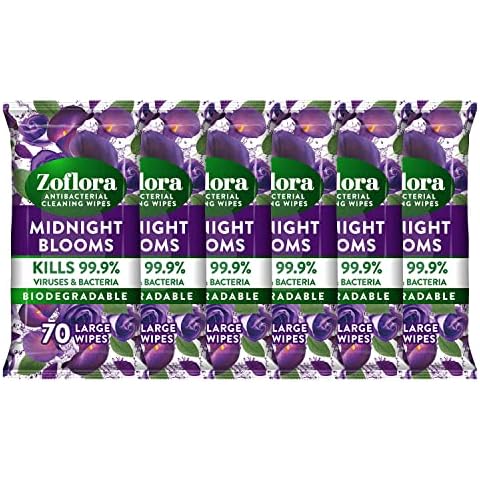 Zoflora Midnight Blooms 6 x 70 Large Wipes, Antibacterial Multi-surface Cleaning Wipes - Multipack Convenient, Quick Cleaning Cover